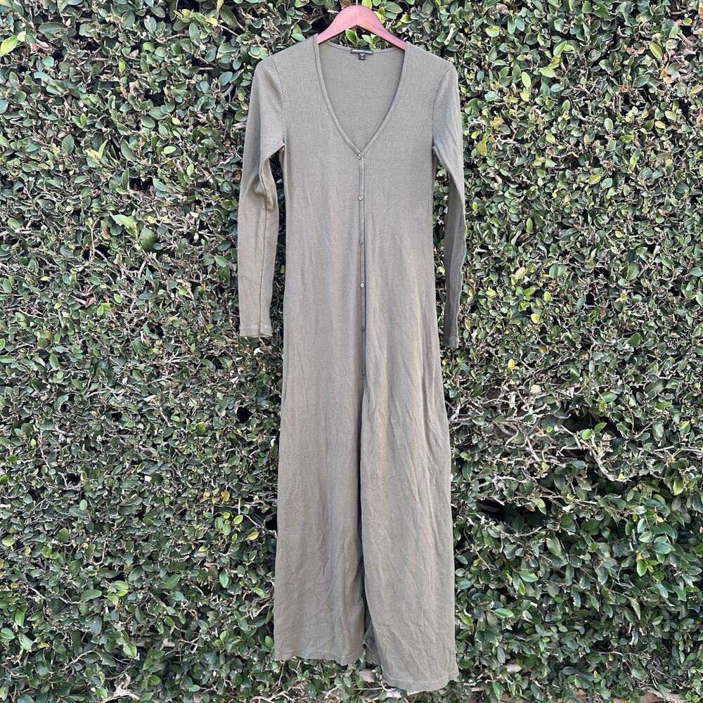 James Perse Ribbed Button Front Dress Womens 2 M Green Long Sleeve Minimal USA